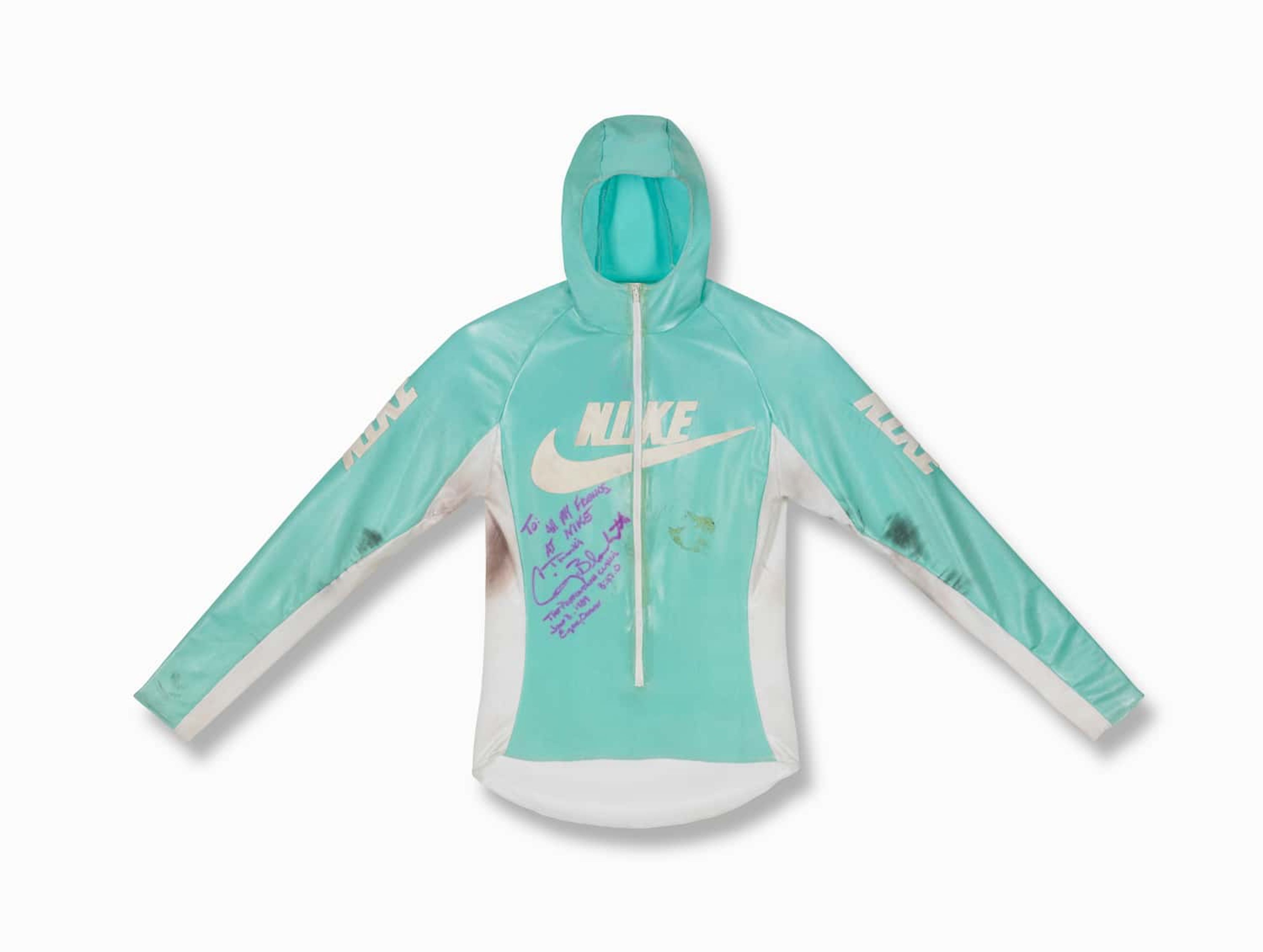 A teal hooded top with a Nike Swoosh in the middle