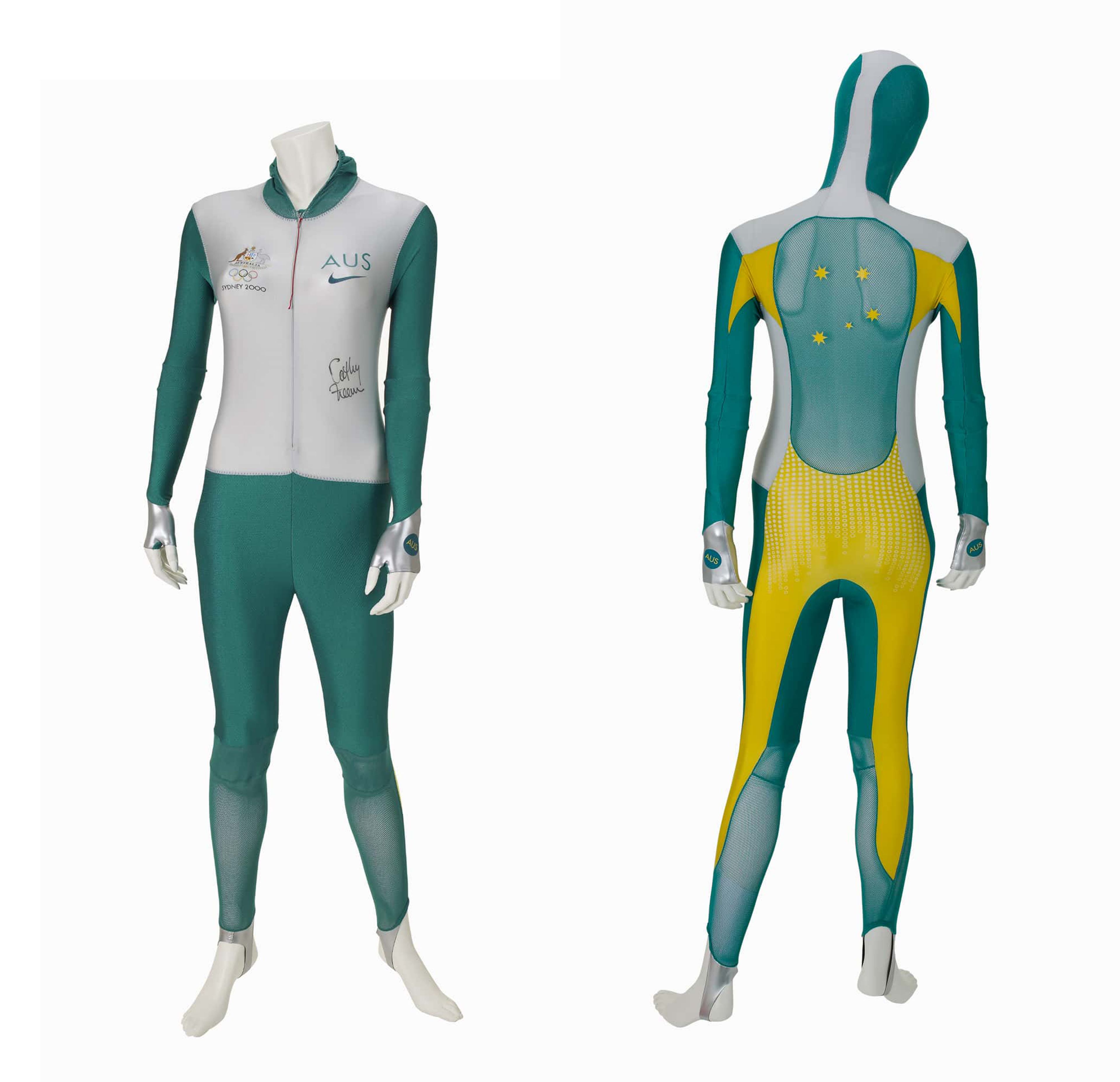 Front and rear views of a silver, green and yellow full-length speed suit