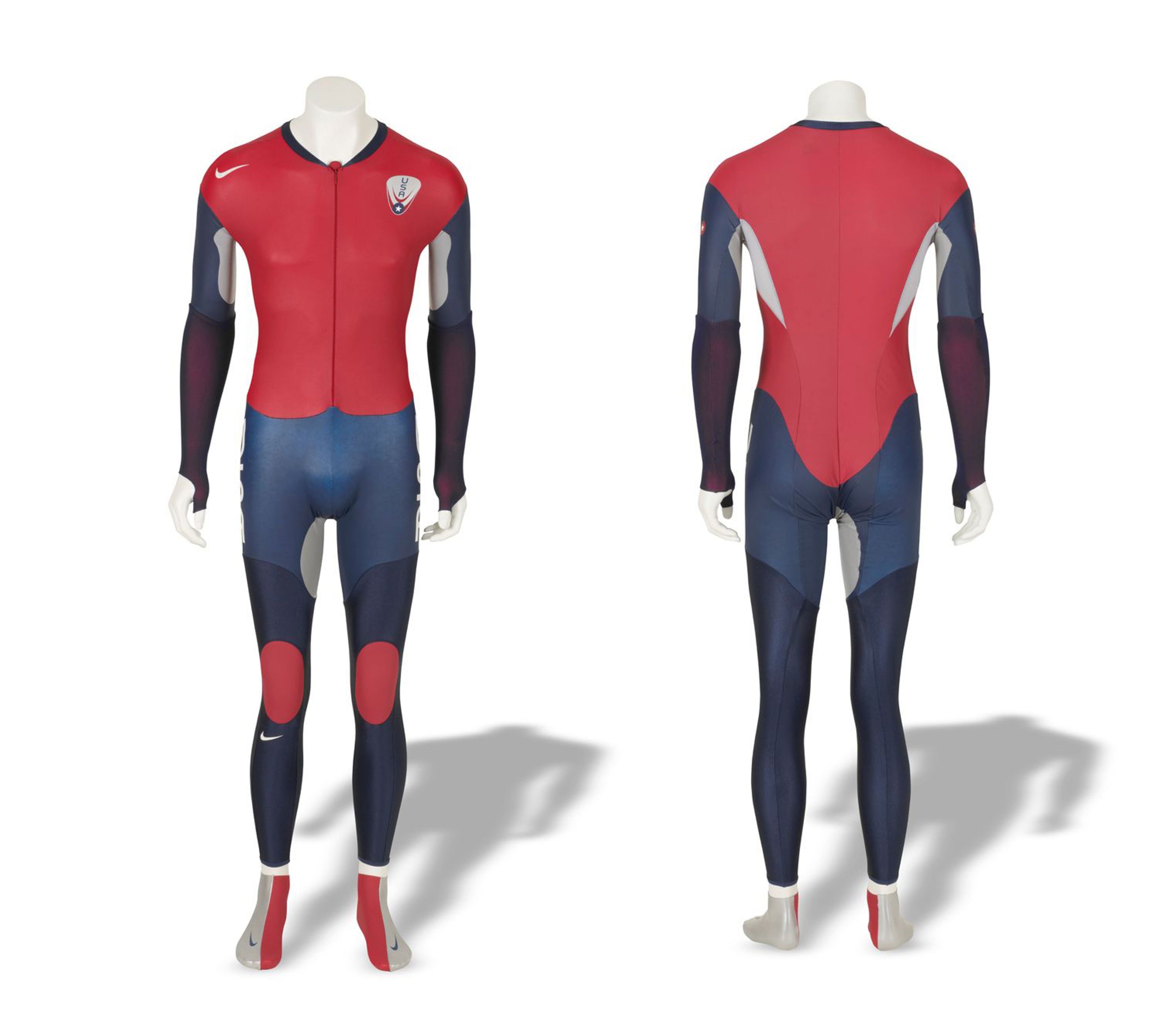 Front and rear views of a red, silver and blue full-length speed suit